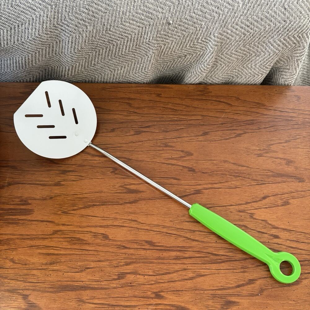 Vintage Metal Slotted Spatula Flipper Turner Green Handle Kitchen 17"